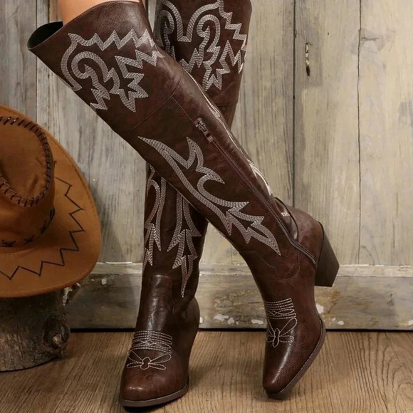 Women's Fashionable Embroidery Detail Outdoor Riding Boots, Western Style, Autum - Picture 5 of 8